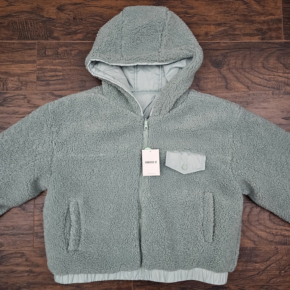 Forever 21 Womens Large Blue Haze Warm Sherpa Reversible Jacket Pockets‎